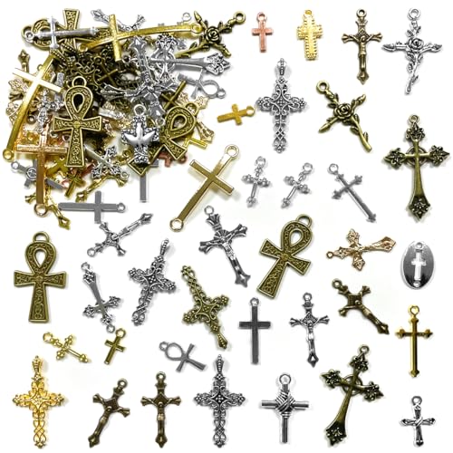 BEZANU Cross Charms, 100g Multicolor Vintage Cross Metal Pendant Jewelry Findings for Bracelet, Earring, Crafting, Jewelry Making