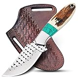 VULTURE CRAFTS CLUB Rasp steel Bull Cutter Knife with Pancake leather sheath, Hunting Knife with holster, Cowboy knife, Fixed Blade (BUCK-STAG)