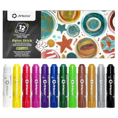 Artecho Tempera Paint Sticks, 12 Metallic Colors Washable Paint Sticks
