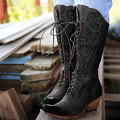 oiangi Womens Chunky Heel Lace up Boots Fashion Square Toe Solid Color Quilted Thick Heel Mid Calf Boots Vintage Comfortable Casual Low Heel Shoes2