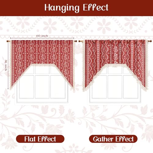 Image of Yinhua Boho Swag Valance Curtains Vintage Linen Valances for Windows Light Filtering Floral Kitchen Valance Rod Pocket Farmhouse Rustic Tassel Window Valances for Bathroom Cafe, 60 inch W x 36 inch L, Red