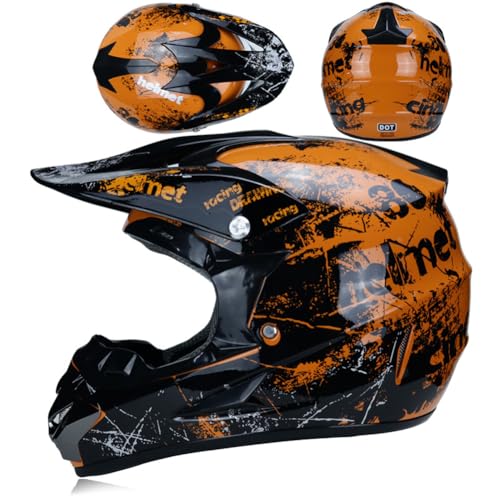 UIGJIOG Motocross Helmet, with Goggles Mask Gloves, Youth Kid Full-Face Off Road Motorcycle Crash Helmet, MTB BMX Downhill Quad Bike Enduro Racing Dirt Bike Helmet,Orange,M(54~55cm)