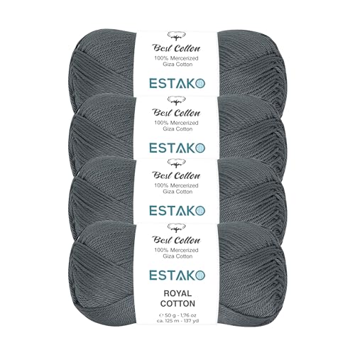 Image of Estako Royal Cotton, (4 Skeins Pack) 100% Mercerized Giza Cotton Yarn, Soft, Super Fino for Crochet and Knitting (4 x 1.76 Oz) / (4 x 137 Yrds) (5055 - Dark Grey)