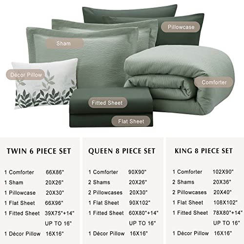 Mairêve Sage Green Comforter Set, Textured Design Minimalist Queen Size, All Season Comfortable Bedding Sets 8 Pieces With Comforters, Sheets, Pillowcases & Shams ( 90"X90") #TOP6