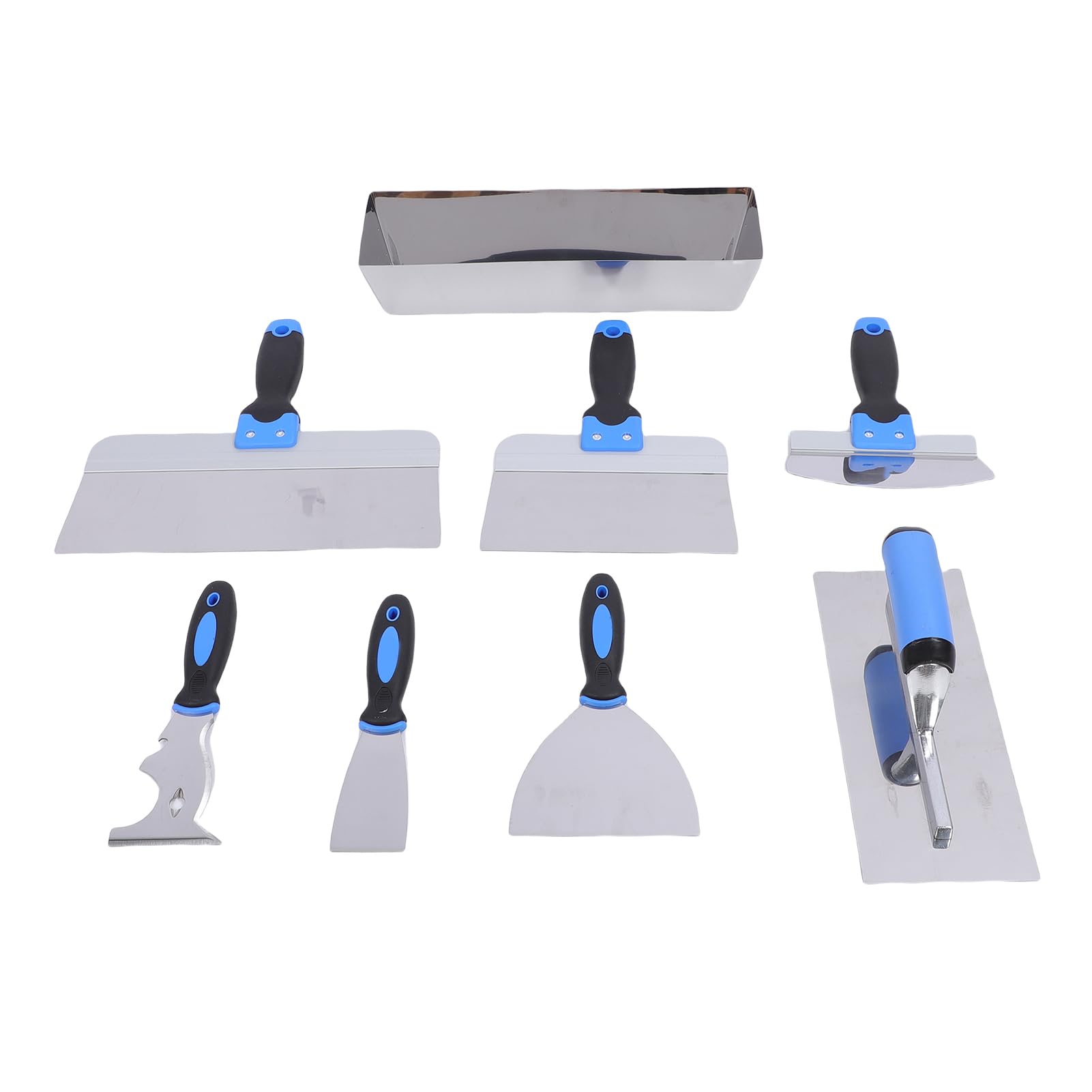 Set Spatola a Secco 8 Pezzi, Padella di Fango 14 Pollici, Raschietto in Acciaio Inossidabile, Pala, Cazzuola con Intonaco con Manici Ergonomici per la Pittura di Fango a parete.