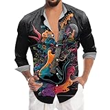 Détail : boutonnière Chemise disco pour homme - Tenue de fête des années 1980 - Coupe droite - Décontractée - Boutonnière - Chemise de travail basique à manches longues, O bleu marine, L