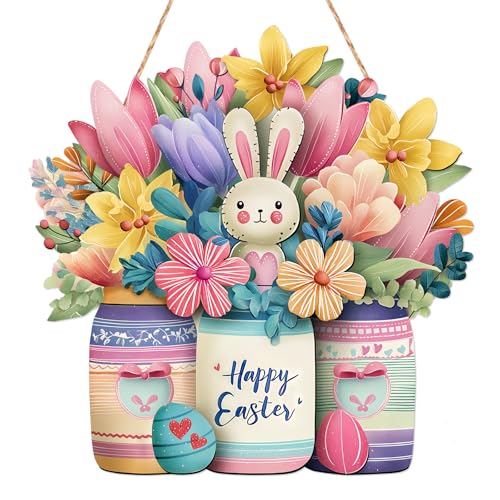 BDDYYI Happy Easter Door Sign Easter Wreath Hanging Sign Wood Easter Door Hanger Rabbit Sign Cute Bunny Flower Front Door Sign Rabbit Lily Door Hanger for Spring Farmhouse Windows Porch Decoration