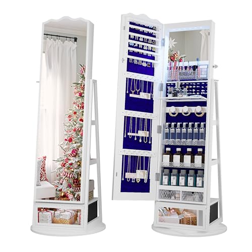 Lvifur 360° Rotating LED Jewelry Armoire w/Full Length Mirror, Large Capacity Jewelry Organizer Armoire w/Lights, Lockable Floor Standing Mirror Cabinet with Storage Shelves for Bedroom, Clo