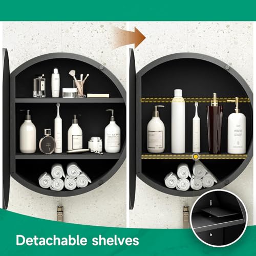 Image of iSTAR Round Wall Mirror with Storage Shelf | Bathroom Vanity with Hidden Cabinet Organizer | Modern Wall Mounted for Bathroom, Bedroom - Black