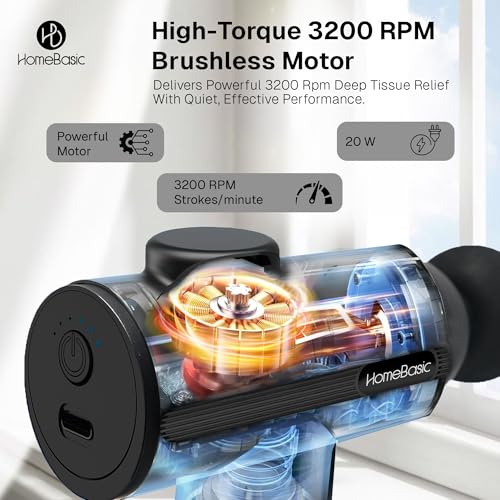 Image of HOMEBASIC Muscle Mate Massager Gun For Body Pain Relief | 4 Massage Heads | 6 Speed Settings | 3600 RPM | 3600 mAh USB-C Rechargeable | Compact & Portable | Intelligent Timed Shutdown (BLK)