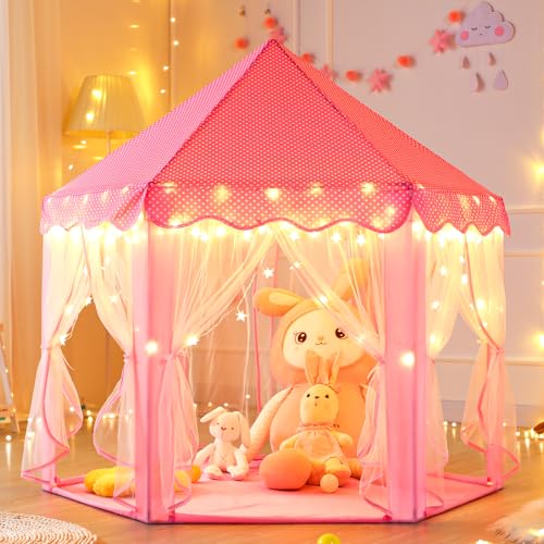 キッズテント 女の子のおもちゃハウス 可愛い子供用テントハウス プリンセスの城型 折り畳み式 キラキラLEDスターライト付き 知育玩具 秘密基地 室内遊具 簡単に組立 お誕生日 出産祝い クリスマスプレゼント おままごと Monobeach (ピンク)