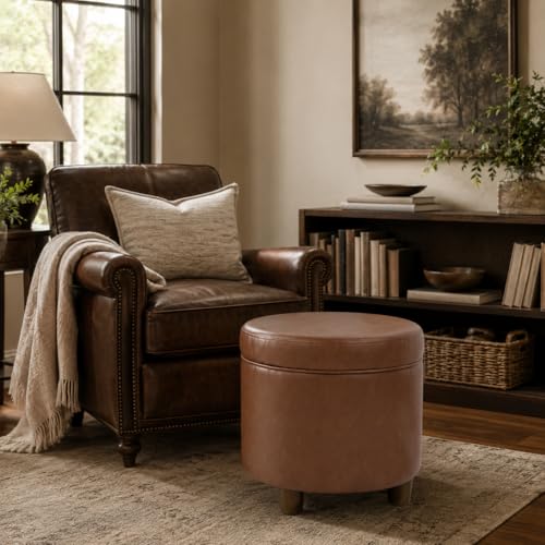 Image of HomePop 19 inch Round Storage Ottoman - Chestnut Brown Faux Leather