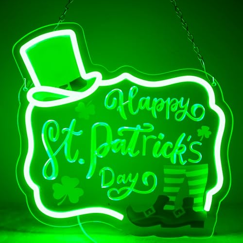 Image of Happy St. Patrick's Day Art Neon Signs Shamrock LED Neon Lights Dimmable Wall Decor for Kids, Room, Office, St Patrick's Day Party Gift Art for Boys Girls-12.83 x 12.2 IN-USB Powered-Acrylic