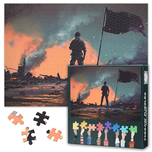 Military Soldiers Puzzles for Adults 1000 Pieces, Soldier Standing in Battlefield Jigsaw Puzzles, Independence Day Adult Puzzle for Adults, Educational Fun Games or Toys for Elders Friends 20X27 INCH