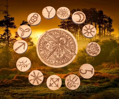 13 Hexenrunen Runensteine mit magischer Libelle aus Holz Runenset Eiche Hexen Runen