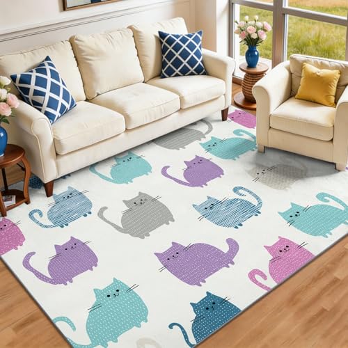 Tapis de zone lavable antidérapant 60 x 90 cm blanc imprimé chat - 4