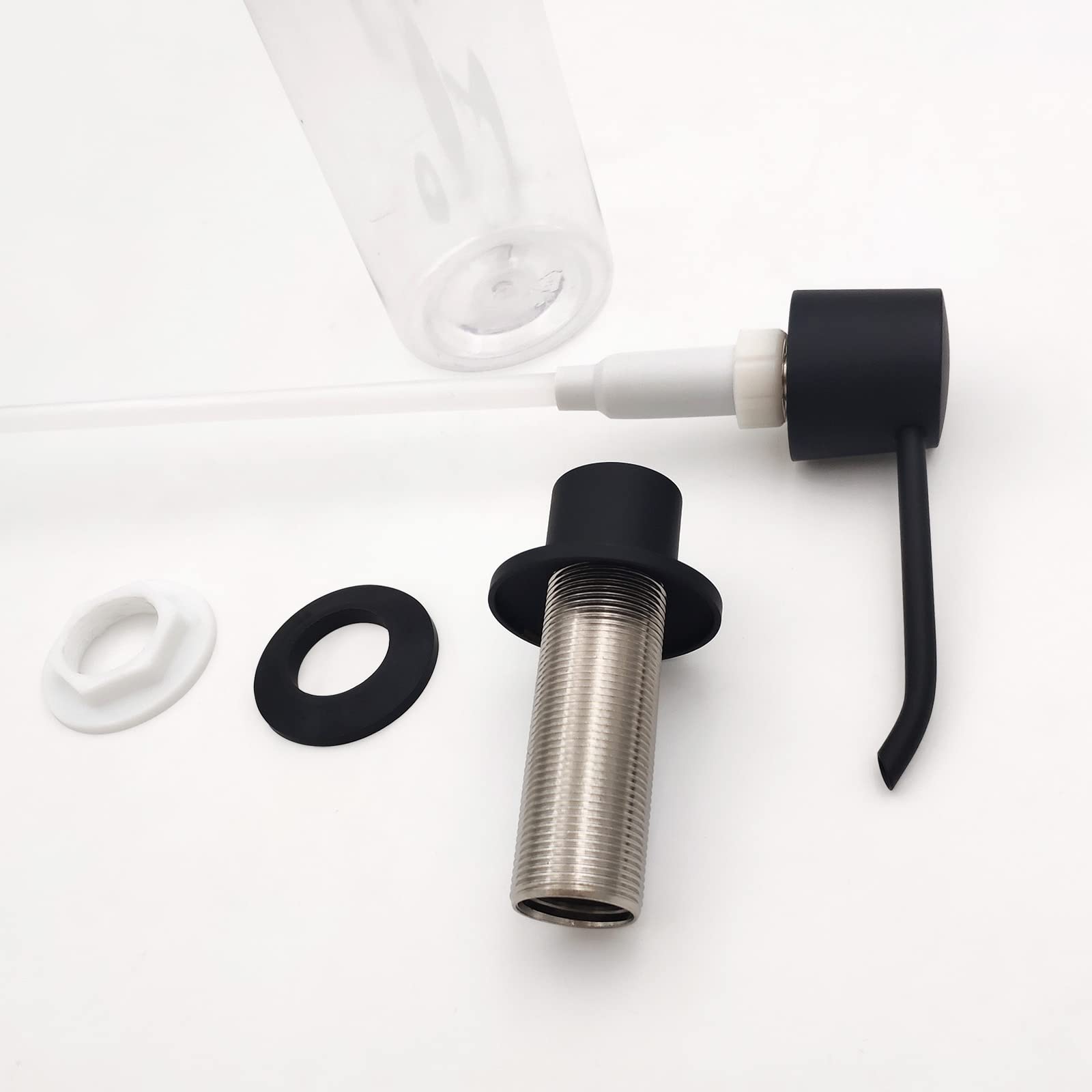 EADOT Distributeur de savon intégré en laiton à longue buse pour évier de cuisine avec bouteille en PET de 500 ml par le haut, tête de pompe en laiton de comptoir, convient aux trous de 2,5 cm à 4,6
