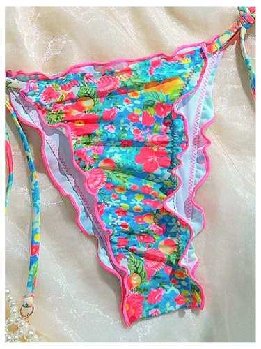 Women's 2 Piece Floral Halter Bikini Set Ruffle Trim High Cut String Swimsuits Boho Bathing Suits4