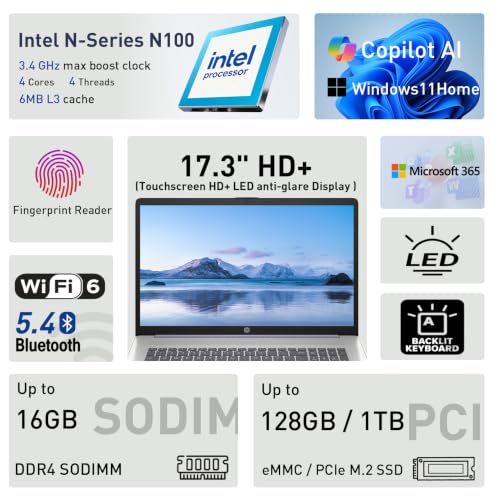 Image of HP 17.3 inch Touchscreen Laptop w /Microsoft 365, 8GB RAM, 128GB UFS | Webcam w / shutter, Fingerprint Reader, Backlit Keyboard, Microsoft Copilot Key, Intel Quad-Core CPU, Win11, Blue