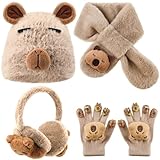 ZenithAura 4 Stück Kinder Winter Capybara Mütze Ohrenschützer Schal und Kinder Handschuhe Set Plüsch Capybara Winter Wärmeset für 7 12