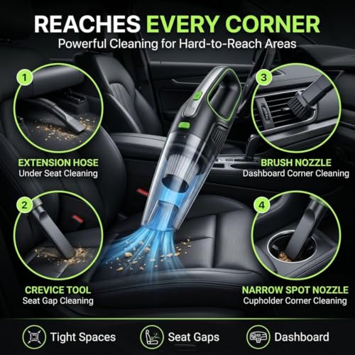 Image of SARTE Car Vacuum Cleaner 6000Pa High Suction, Wet & Dry 2-in-1, 12V DC Portable Handheld Vacuum Cleaner with HEPA Filter, Long Power Cord, Brush & Crevice Nozzle for Car Interior, Seats & Dashboard