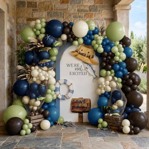 Image of Green Blue Balloon Garland Double Stuffed Sage Brown White Sand Balloons | Dusty Green Denim Blue Ivory Balloon Arch for Dinosaur Baby Shower Wild One Birthday Woodland Bear Party Decorations