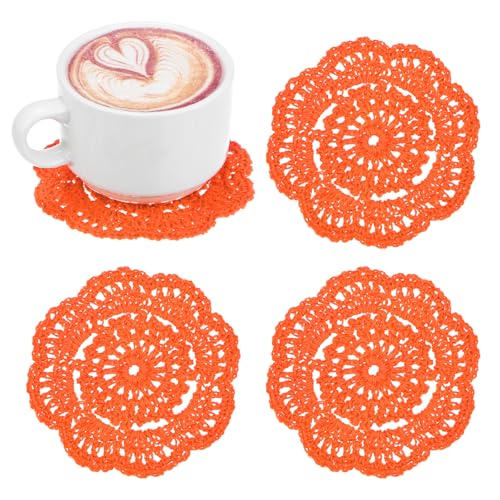 M METERXITY 4-Pack Centrini All'Uncinetto Fatti A Mano, Centrotavola Rotondi In Cotone Da 4Pollici/10Cm Per Tavolo/Tazza/Scodella/Vaso/Vassoio Da Tè/Decorazione Casa [Rosso Arancio]