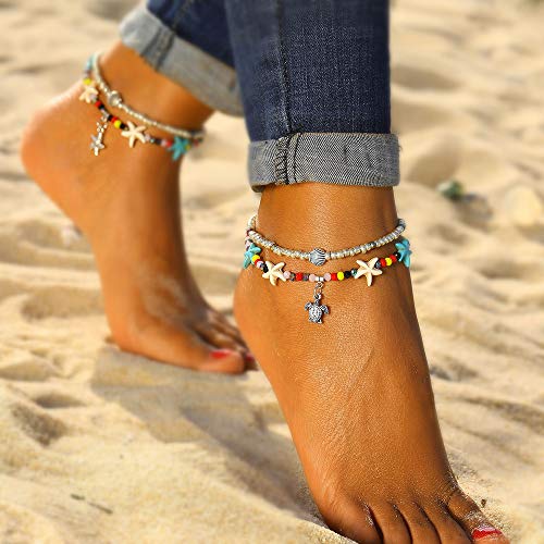 Image of Softones Blue Starfish Turtle Anklet Multilayer Charm Beads Sea Handmade Boho Anklet Foot Jewelry for Women