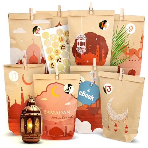 AMARI ® Ramadan Tüten (30 Stück inklusive Sticker & Klammern) - Ramadankalender zum Befüllen - Ramadan Kalender Tüten - Ramadan Kalender Bastelset