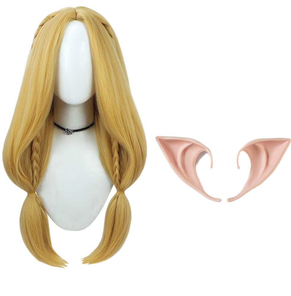 Anime Cosplay Wig Long Golden Hair Wig Long Straight Wigs with Bangs Heat Resistant Cosplay Show Wigs + Ears 28 inches (Golden)