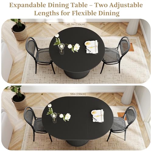 Image of weselon 43 inch-59 inch Extendable Round to Oval Dining Table with Hidden Storage, Modern Wooden Kitchen Table with Fluted Sliding Door Cabinet, Expandable Dinner Table for Dining Room Living Room (Black)