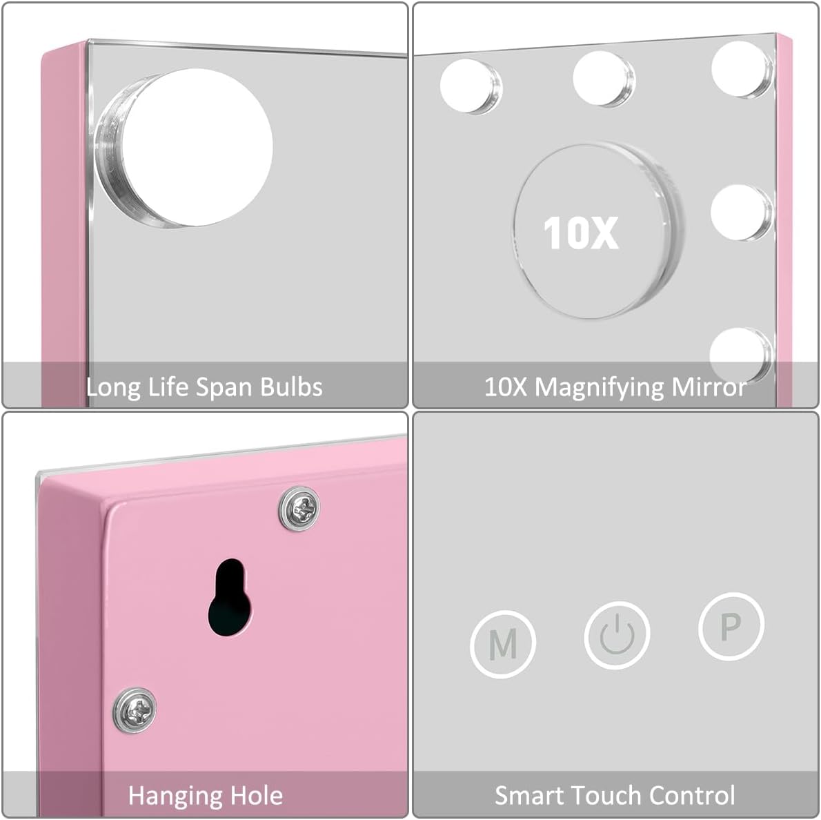 HOMPEN Hollywood Vanity Mirror Makeup Mirror with Lights, Touch Screen, 3 Color Modes Frameless Tabletop Mirror with 17 Dimmable Bulbs, Pink