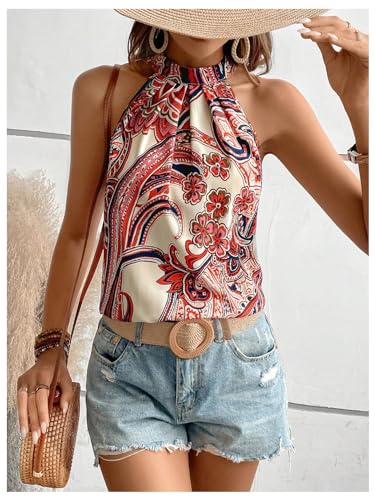 Image of RoseSeek Women's Tropical Paisley Halter Blouse Boho Shirt Vacation Tops