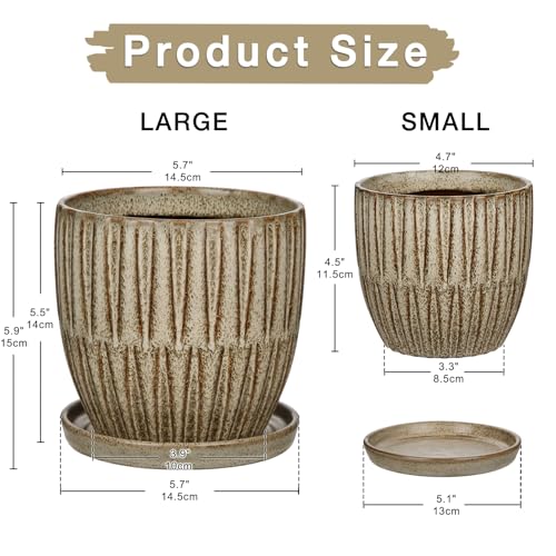 Oairse Ceramic Pots for Indoor Plants, 4.7 +5.7 inch Pots for Plants Set of 2 Brown Plant Pots with Drainage Holes and Saucers Texture Ceramic Planters Indoor Outdoor Flower Pot for Succulent by Oairse - Used condition - Image 2