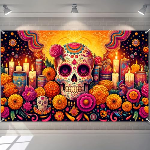 BlissYard Day of the Dead Banner 71x43 Inch Colorful Sugar Skull Altar Backdrop with Marigold Flowers s and Patterned Drums Da de los Muertos Decorations for Wall Porch Indoor Outdoor Use