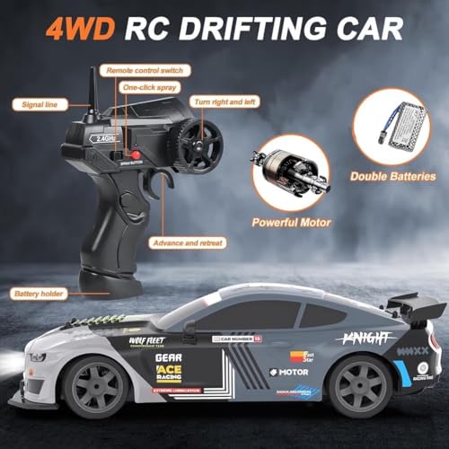 Image of RC Drift Car, Drifting RC Car 1 /16 2.4GHz 4WD Remote Control Cars, Rechargeable Drifting Cars 18KM /H+ High Speed RC Racing Vehicle with Spray Cool Lights Toy Car (RC Drift & Spray Car-Grey)