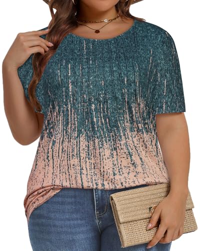 Image of Plus Size Tops for Women Pleated Summer Top Trendy Short Sleeve Shirts Casual Basic Tee Crew Neck Blouses 2026