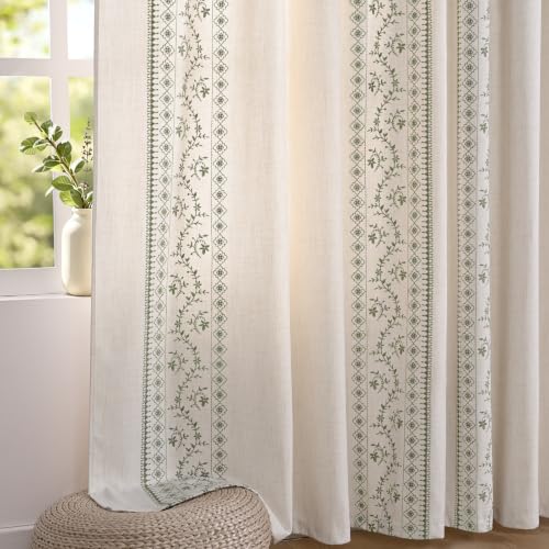Image of Yinhua Boho Curtains for Living Room 63 Inch Length Sage Green Embroidered Floral Curtains for Bedroom, Light Filtering Farmhouse Window Curtain Rod Pocket & Back Tab Drapes, 52 inch W x 63 inch L, 2 Panels