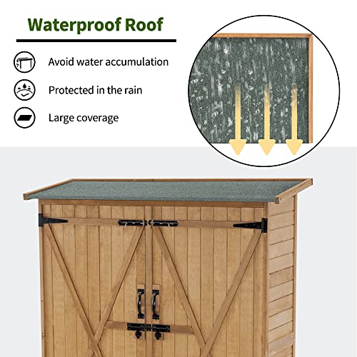 MCombo Outdoor Storage Cabinet with Shelves, Wood Garden Shed with Floor, Outside Tool Shed with 2 Lockable Doors for Yard Patio Lawn, 1400 (Natural)