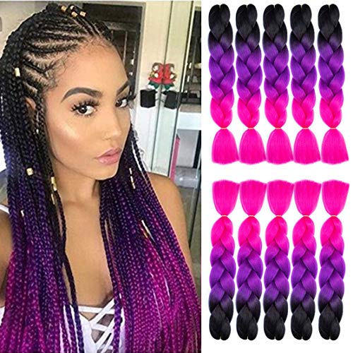 Kanekalon Ombre Braiding hair synthetic Crochet braids twist 24inch 5pcs/lot 100g Ombre two three tone Jumbo braid hair extensions Dreadlocks (1b-purple-rose)