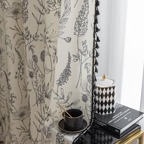 Image of Black Floral Curtains 84 Inches Long, Boho Farmhouse Light Filtering Rod Pocket Drapes with Tassel Trim for Bedroom Living Room, 2 Panels