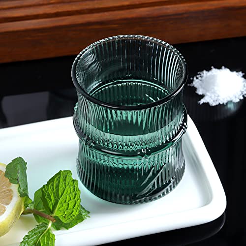 Joeyan Small Water Juice Glass Cups,Ribbed Kitchen Glassware,Green Embossed Drinking Glasses,Decorative Bamboo Patterned Stacking Tumblers,Set Of 4,8.5 Oz,Dishwasher Safe #TOP4