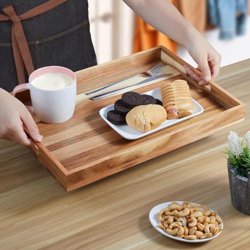 Image of Wooden Serving Tray for Home and Kitchen | Acacia Wood Large Rectangular Tray with Handles for Resturant, Cafe, Breakfast, Multipurpose Organzier | (Food Safe Oil Finish) (Aurace)