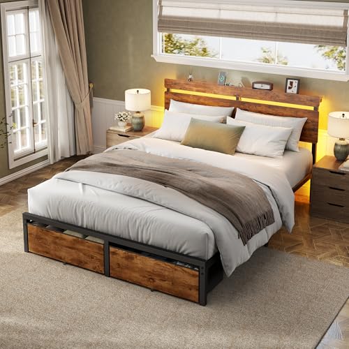 Image of Forestell Queen Bed Frame with Wood Headboard, Metal Platform Bed with 2 Storage Drawers & Shelf, Built-in Charging Station & LED Lights, No Box Spring Needed, Vintage Brown, Cama Queen Size