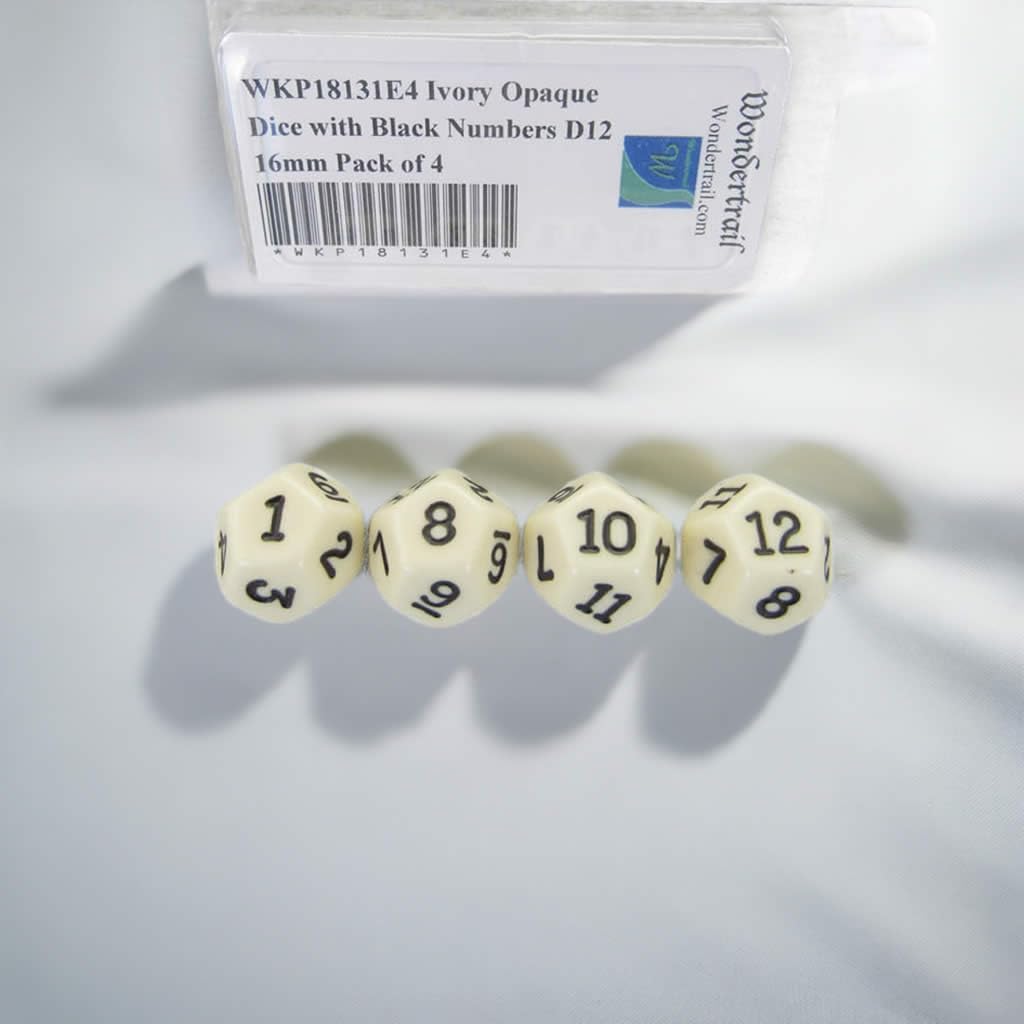 Ivory Opaque Dice with Black Numbers D12 16mm (5/8in) Pack of 4 Wondertrail
