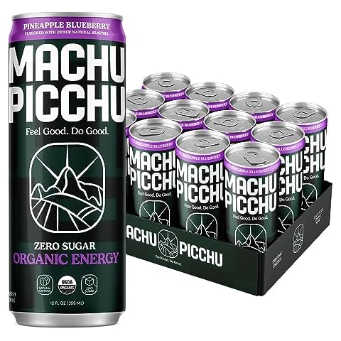 MACHU PICCHU Organic Energy Drink Sugar Free, Pineapple Blueberry Flavor Pack, 12 Fl oz (Pack of 12) Organic Caffeine Energy Drink, No Preservatives Cover
