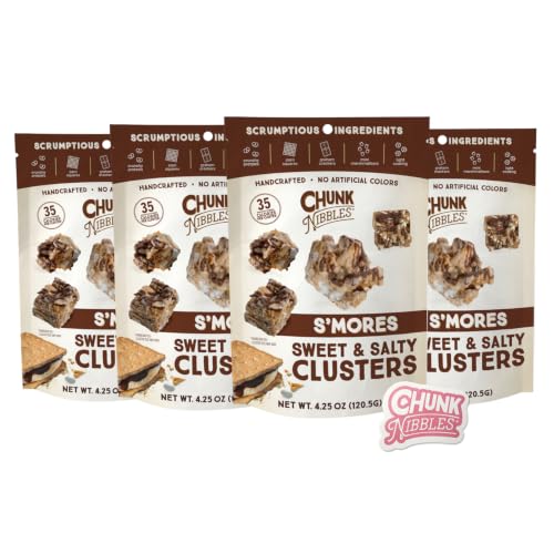 Chunk Nibbles S’mores Snack Clusters &amp; Exclusive Sticker Bundle - Campfire-Inspired Treat with Marshmallows, Graham Crackers, Pretzels &amp; Chocolate - Small Batch, Handcrafted - Gourmet Treat - 4.25oz Resealable Pouch (4 Pack)