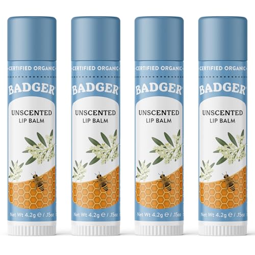 Badger Unscented Classic Lip Balm, 100% Organic Lip Balm for Sensitive Lips, Long Lasting Lip Moisturizer w/Light Silky Texture, 4 Pack