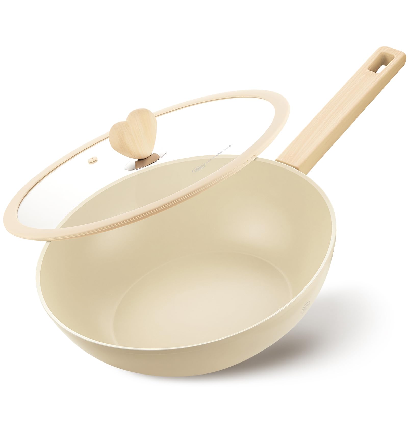 Wok with Lid, 5 Quart Wok Pan with Nonstick Cream Interior, Nonstick Wok with Cool-touch Heart-shaped Handles, Flat Bottom Woks with Lid, Deep Pan Induction Compatible, Cream Woks - 11 Inch