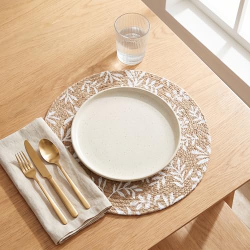 Image of GAZELLE LIVING Round Braided Dining Table Mat | Brown Floral Woven Placemats | Heat Resistant Washable Cotton Blend Table Place Mats for Kitchen & Boho Decor | 15 Inch | Set of 2